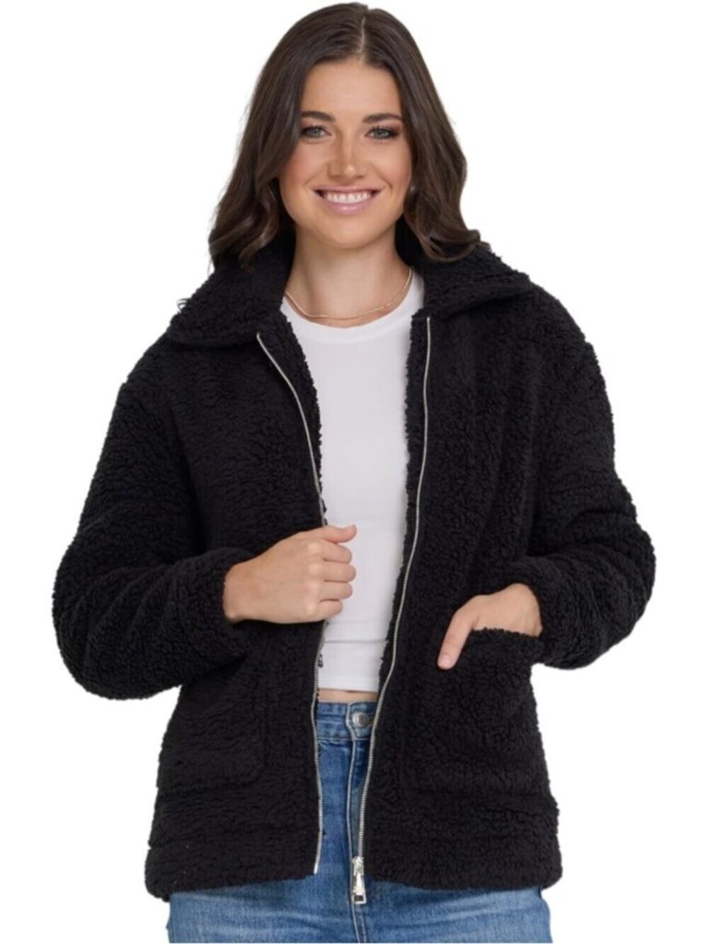 Women's Black Oversized Faux Fur Shearling Long Sleeve Winter Sherpa Jackets